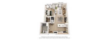 A 3D floor plan of a small apartment with a kitchen, living room, and bathroom.