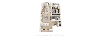 A 3D floor plan of a small apartment with a kitchen, living room, and bathroom.