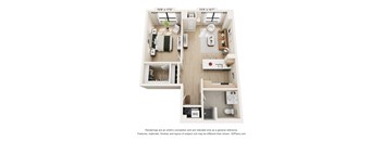 A 3D floor plan of a small apartment with a kitchen, living room, and bathroom.