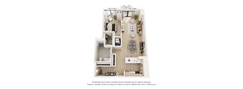 A 3D floor plan of a small apartment with a kitchen, living room, and bathroom.
