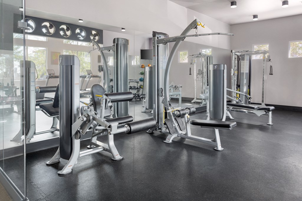 a gym with cardio equipment and weights on the floor