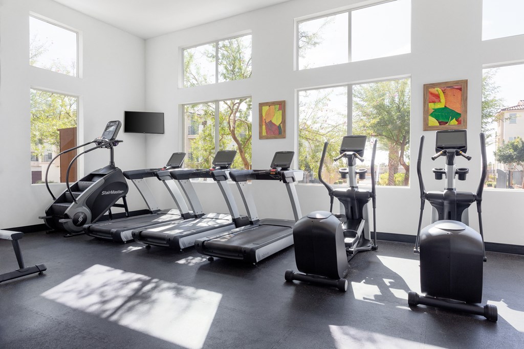 a gym with rows of cardio equipment and windows