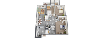 A 3D floor plan of a house showing a kitchen, living room, dining room, and bedrooms.