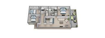 A 3D floor plan of a house with two bedrooms, a living room, a kitchen, and a bathroom.