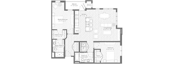 A floor plan of a house with a balcony, kitchen, living room, and multiple bathrooms.