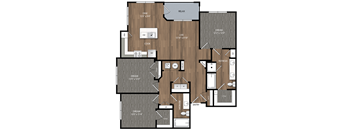A floor plan of a house with a dining area, a kitchen, a living room, and a bathroom.