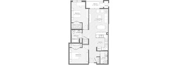 A floor plan of a house with a balcony, two bedrooms, a living/dining area, a kitchen, a bathroom, and a laundry room.