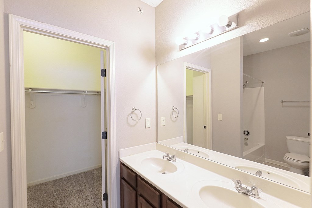 a bathroom with a large mirror and two sinks