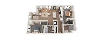 a 3d floor plan of a bedroom with a bathroom and a living room