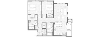 A floor plan of a house with a master bedroom, a walk-in closet, a master bathroom, a bedroom, a living room, a balcony, a kitchen, a bathroom, and a laundry room