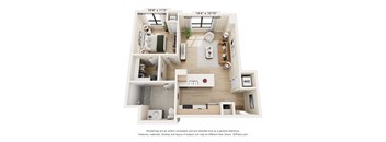 A 3D floor plan of a small apartment with a kitchen, living room, and bathroom.