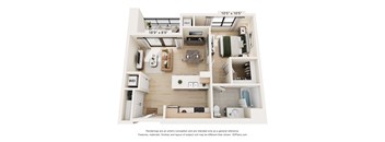 A 3D floor plan of a small apartment with a kitchen, living room, and bathroom.