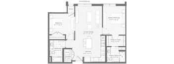 A floor plan of a house with a French balcony and a master bedroom.