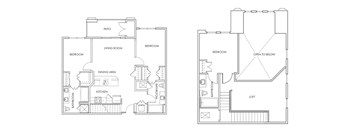 A floor plan of a house with two bedrooms, a living room, a dining area, a kitchen, a bathroom, and a loft.