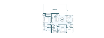 A floor plan of a house with a private yard and a great room.