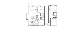 A floor plan of a two bedroom apartment with a living room and kitchen.