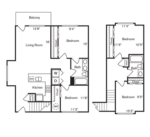 A floor plan of a two bedroom apartment with a living room and kitchen.