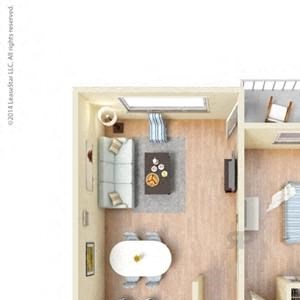1 Bed, 1 Bath, 621 square feet floor plan 3d furnished