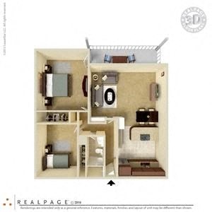 2 Bed, 1 Bath, 906 square feet floor plan 3d furnished
