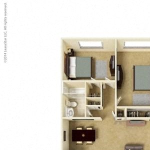 2 Bed 1 Bath 846 square feet floor plan The Solano 3D furnished