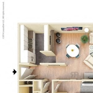 1 Bed, 1 Bath, 640 square feet floor plan Regular One Bedroom 3D furnished