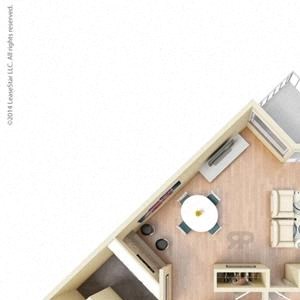 1 Bed, 1 Bath, 625 square feet floor plan Small One Bedroom 3D furnished