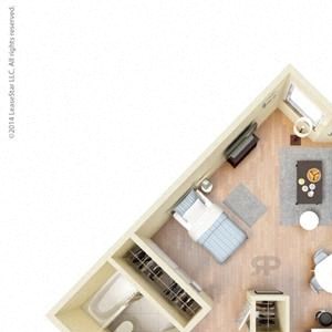 Studio, 501 square feet floor plan 3D furnished