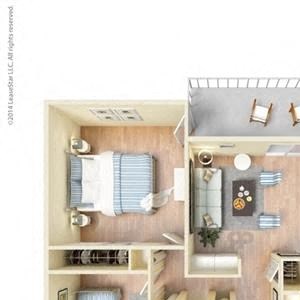 2 Bed, 1 Bath, 840 square feet floor plan Two Bedroom 3d furnished
