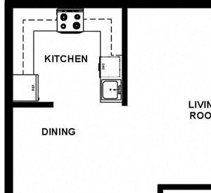 1 Bed 1 Bath 858 square feet floor plan furnished