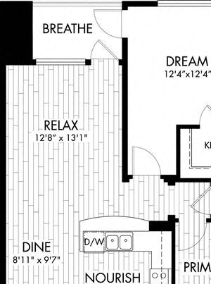 1 bed 1 Bath 785 square feet floor plan A5