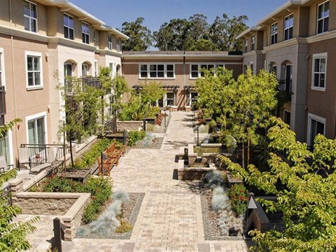 Apartments in Novato, CA, with In-Unit Washer and Dryer - Millworks - Courtyard With Paved Walkways, Garden Beds, Benches, Trees, Balconies, And Surrounding Apartment Buildings.