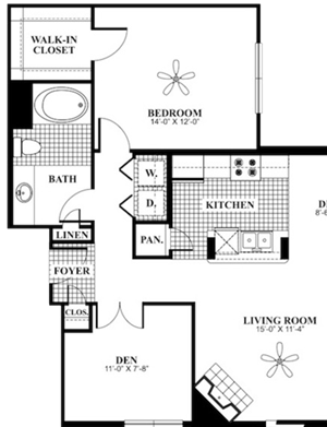 1 bed 1 Bath 975 square feet Calm + Den floor plan