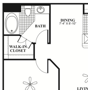 1 bed 1 Bath 715 square feet Retreat floor plan