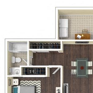 1 Bed, 1 Bath, 700 square feet floor plan 3d furnished