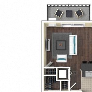 1 Bed, 1 Bath, 520 square feet floor plan 3d furnished