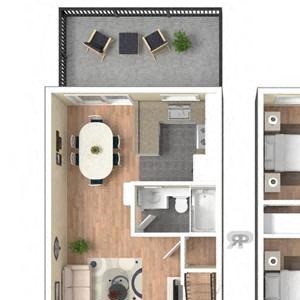 2 Bed, 2 Bath, 940 square feet floor plan 3d furnished