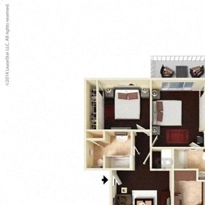 2 Bed, 2 Bath, 995 square feet floor plan 3d furnished