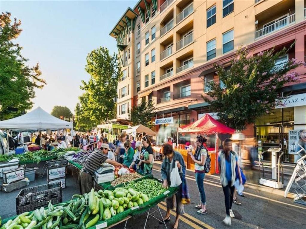 people shopping at a farmers market on a city street