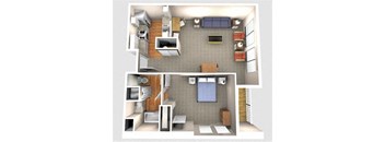 1 bed  1 Bath 588 square feet 3d furnished floor plan 1 Bedroom 1A