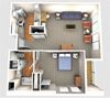1 bed 1 Bath 588 square feet 3d furnished floor plan 1 Bedroom 1A
