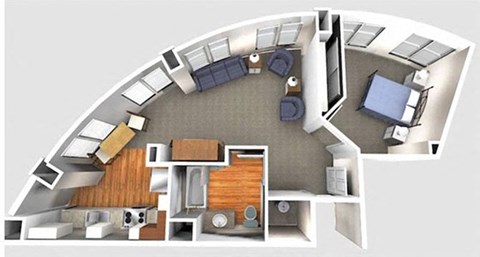 1 bed  1 Bath 619 square feet 3d furnished floor plan 1 Bedroom 1B