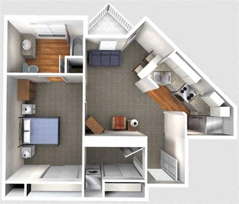 1 bed  1 Bath 590 square feet 3d furnished floor plan 1 Bedroom 1C