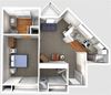 1 bed 1 Bath 590 square feet 3d furnished floor plan 1 Bedroom 1C
