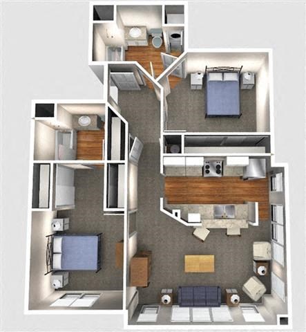 2 bed  2 Bath 934 square feet 3d furnished floor plan 2 Bedroom 2D