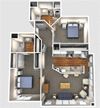 2 bed 2 Bath 934 square feet 3d furnished floor plan 2 Bedroom 2D