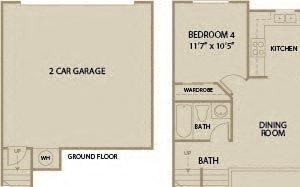 4 bed 3 Bath 1582 square feet floor plan Plan B