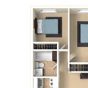 2 Bed, 1 Bath, 800 square feet floor plan furnished