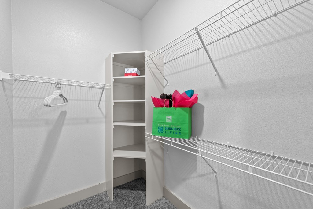 the closeness of the closet in a small room with shelves and a green bag