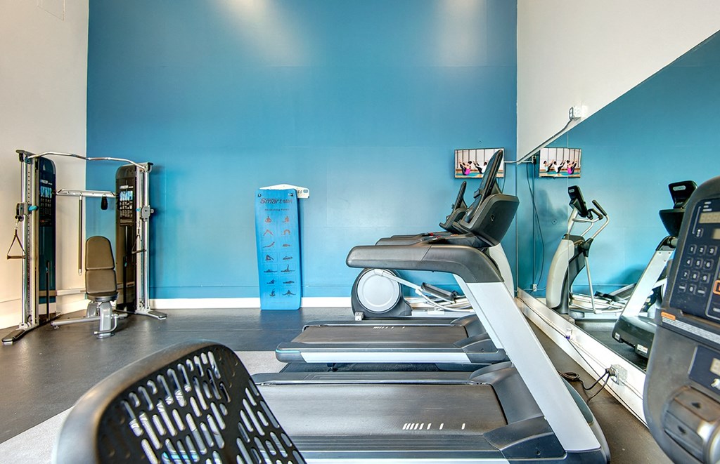 a gym with a treadmill and other exercise equipment