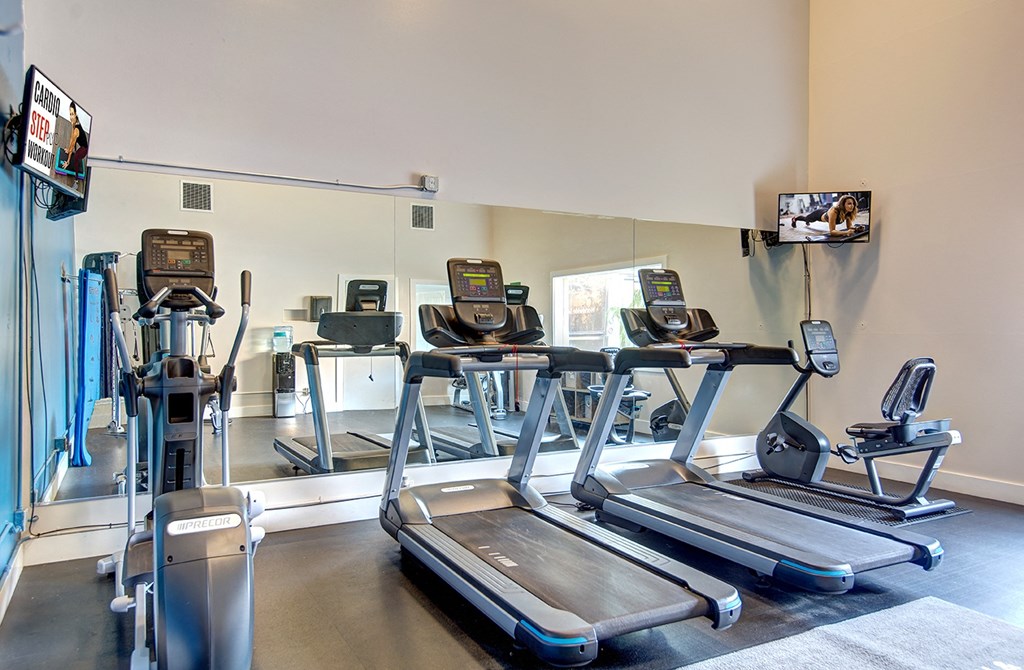a gym with cardio equipment and a tv on the wall